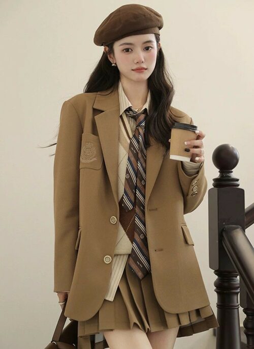 Khaki College Style Blazer With Embroidered Logo