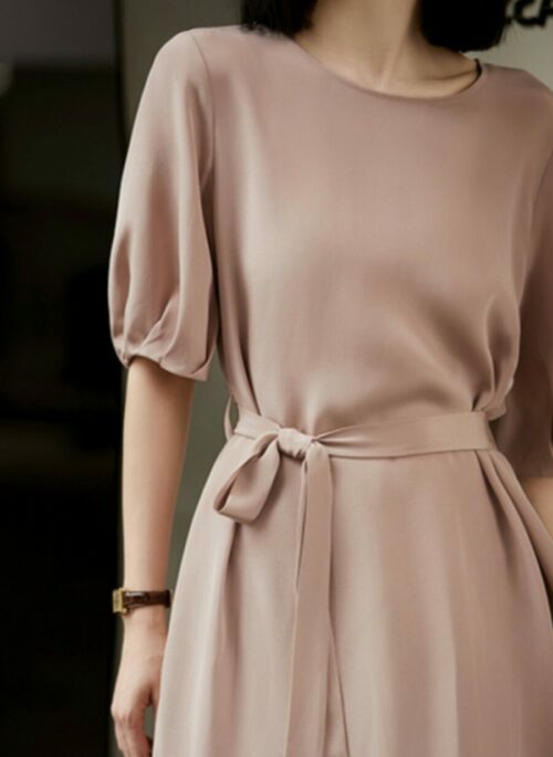 Waist Bow Tie Elegant Dress With Mid-Length Sleeves