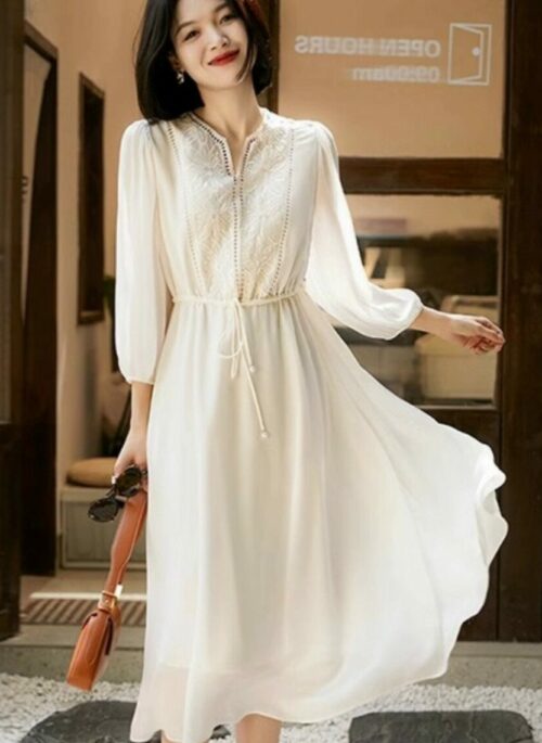 White Floral Dress With Hollow Design