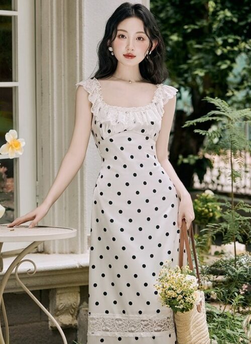 Apricot Polka Dot Dress With Lace Detailing