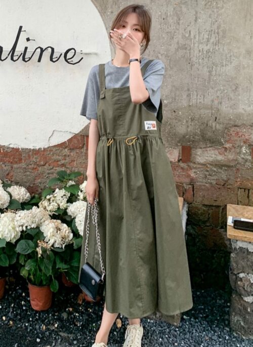 green suspender dress 2PS Green Floral Print Suspender Print Vintage Dress and Cardigan Suit, Green / S