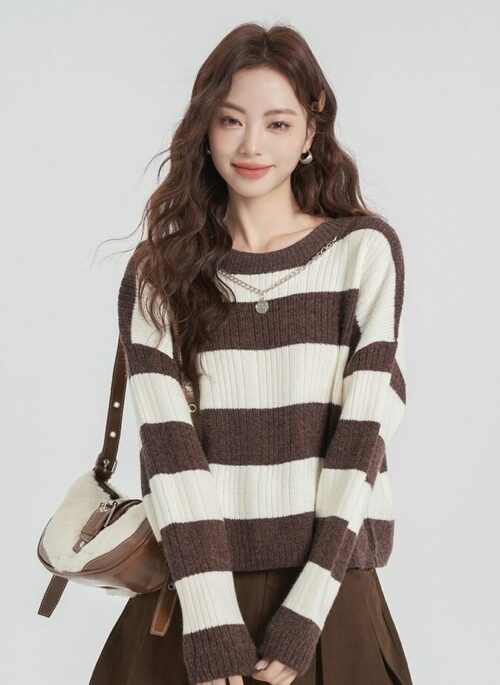 Brown Stripe Long Sleeves Sweater