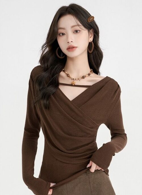 Brown V-Neck Long Sleeves Top