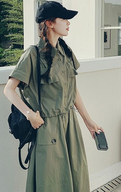 Collared Short Sleeve Two-Piece Dress With Pockets