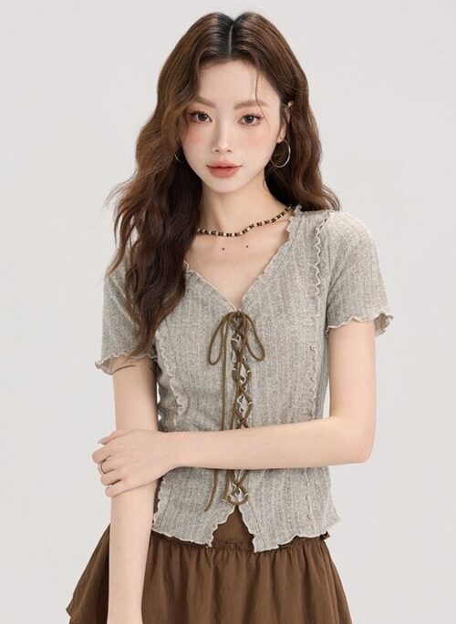 Short Sleeves Top With Bow Tie