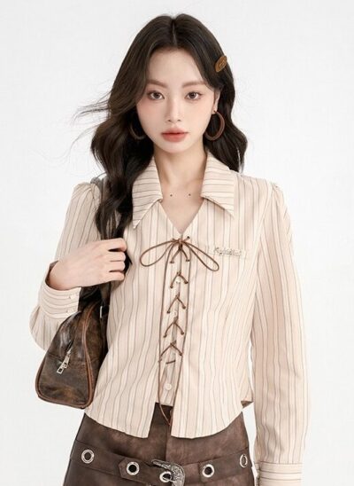 Striped Long Sleeves Collared Shirt With Bow Tie Closure