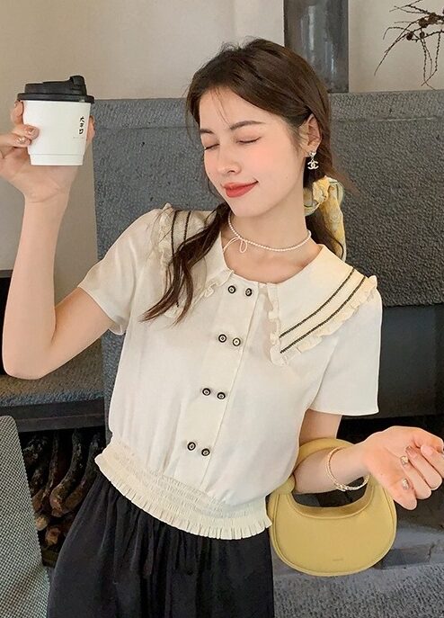 Beige Collared Top With Double Button Design