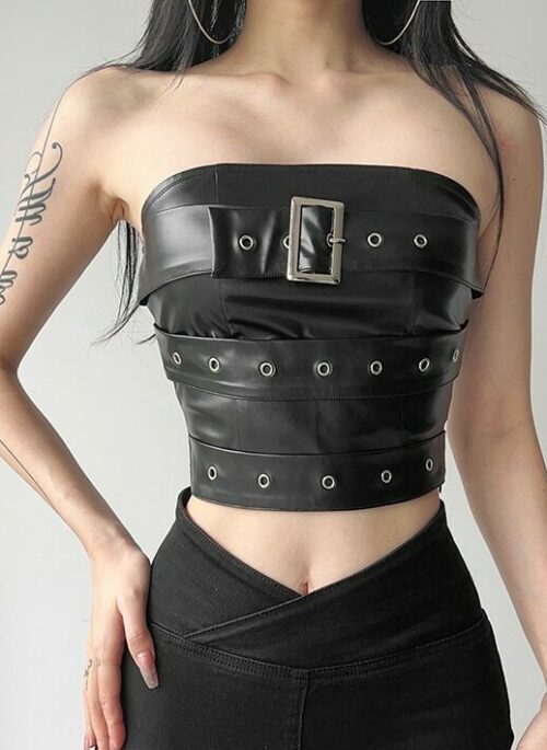 Black Leather Tube Top With Buckles