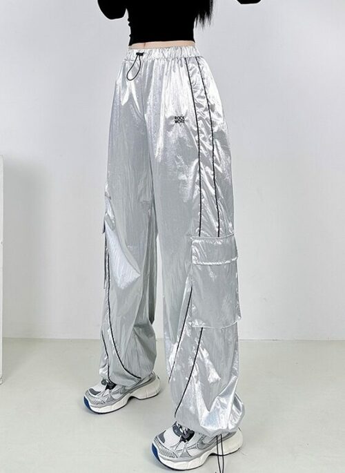 Silver Reflective Drawstring Trousers With Pockets