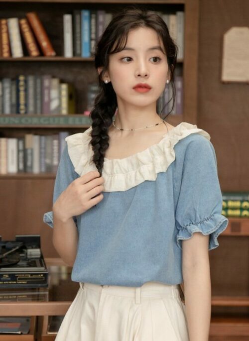 Blue Ruffled Short Sleeve Shirt