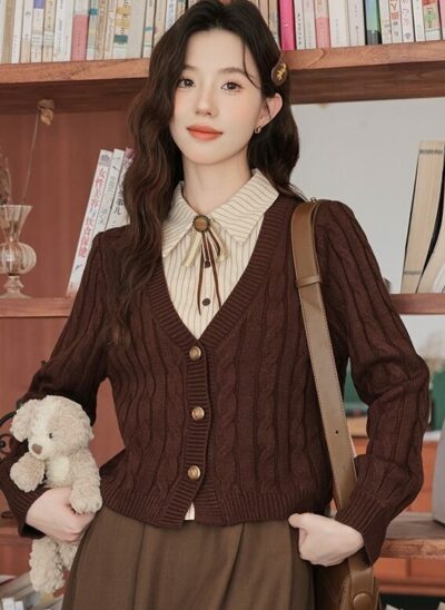 Brown Collared Knit Sweater