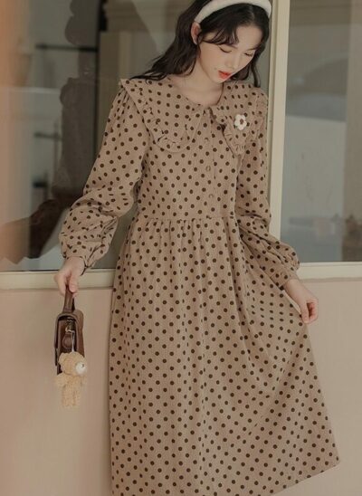 Khaki Polka Dot Doll Collar Dress