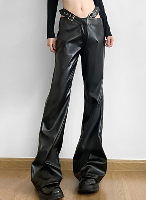 Leather Flared Pants With Exposed Waist And Metal Buckle