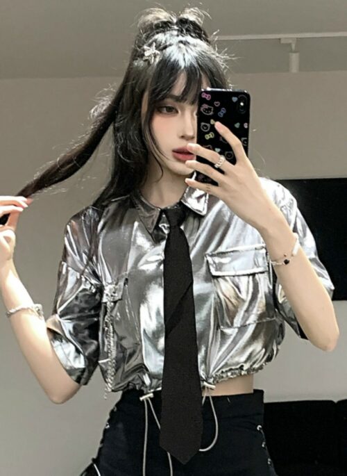 Metallic Silver Short Sleeve Top With Pockets
