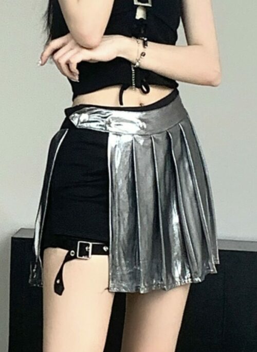 Metallic Silver Wide Slit Skirt