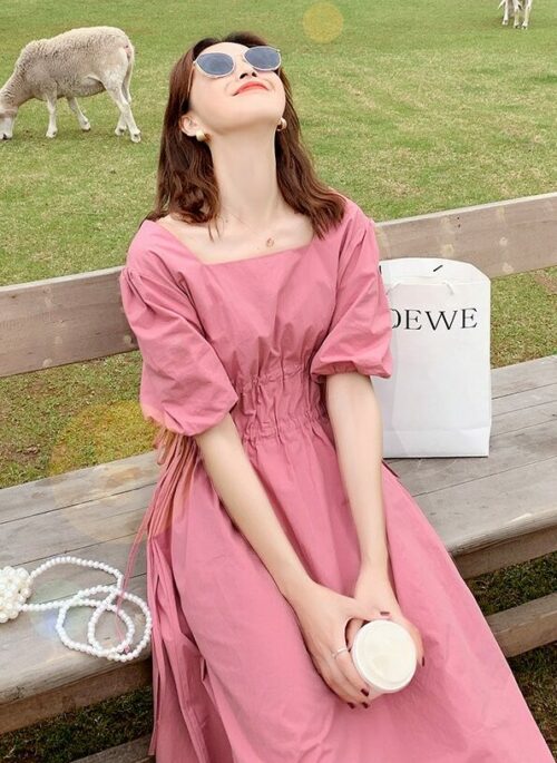 Pink Puff Sleeve French Tea Dress