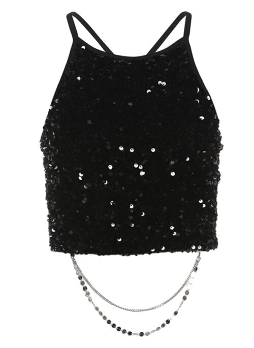 Sleeveless Top With Sequins And Bling Chain