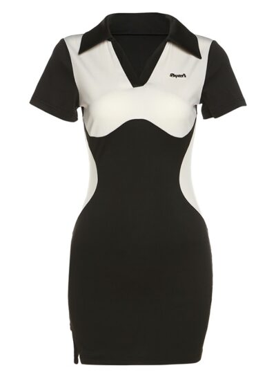 Two-Tone Short Sleeve Collared Dress