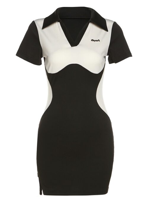 Two-Tone Short Sleeve Collared Dress