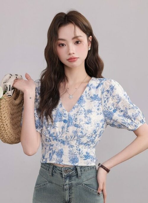 V-Neck Floral Short Sleeve Blouse