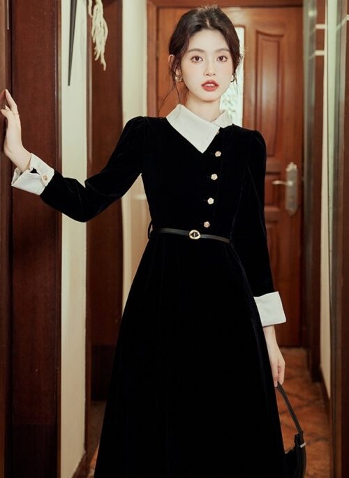 Black Velvet Long Sleeve Dress With Irregular Collar