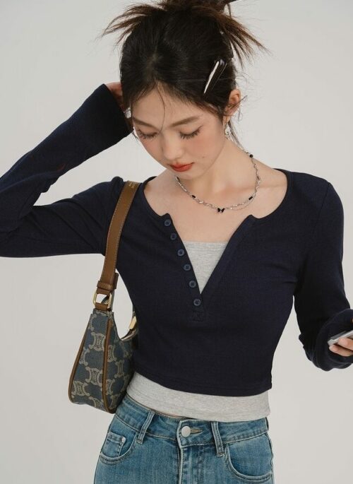 Blue V-Neck Fitted Long Sleeves