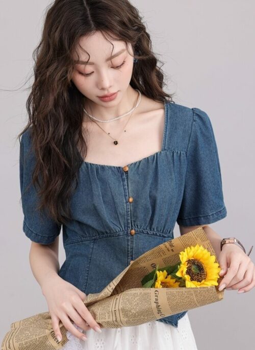 Denim Square Neck Blouse