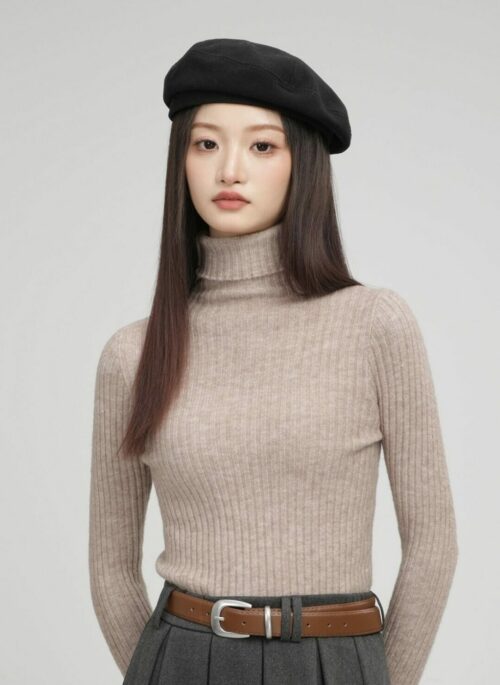 Khaki High Collar Long Sleeve Knit Sweater