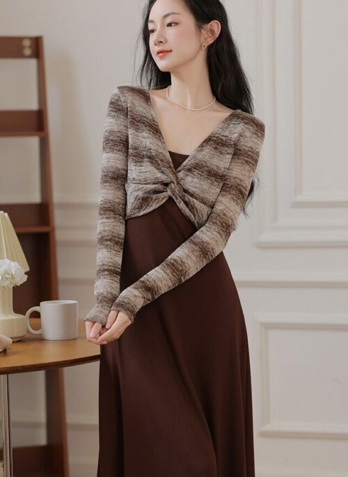 Plain Sleeveless Dress With Knitted Tie Knot Front Cardigan