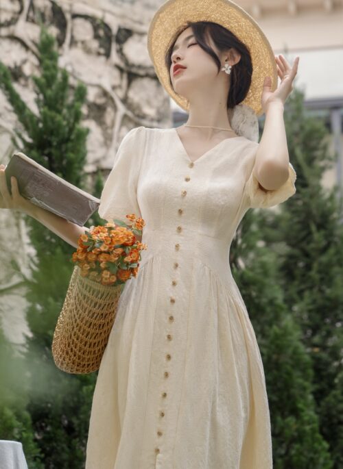 V-Neck Puff Sleeve Dress With Front Slit