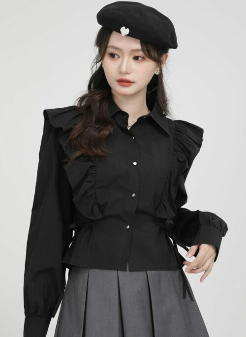 Black Ruffled Long Sleeves Collared Shirt