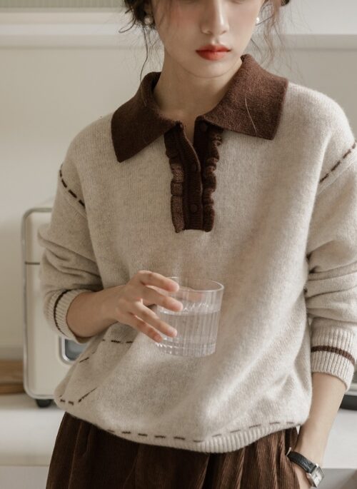 Brown Two-Tone Collared Sweater