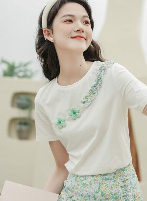 Green Floral Short Sleeve Shirt And Semi-Ruffled Skirt Set