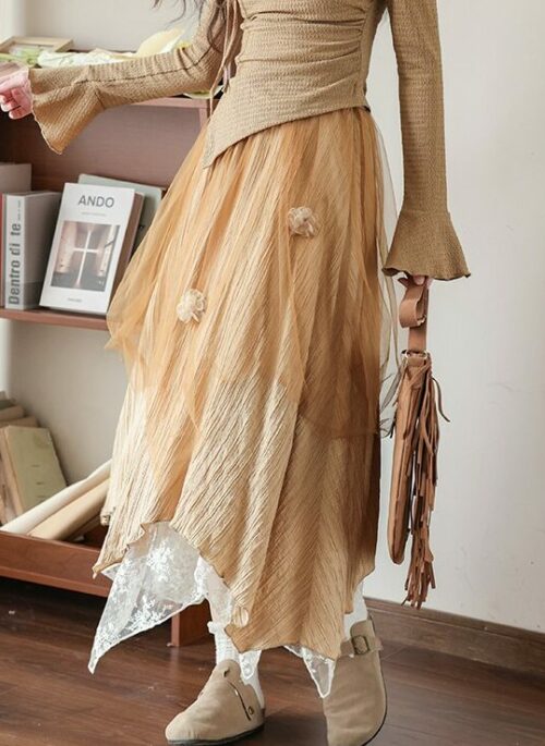 Irregular Skirt With Lace Floral Stitching