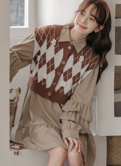 Knitted Vest Suit And Dress Two-Piece Set