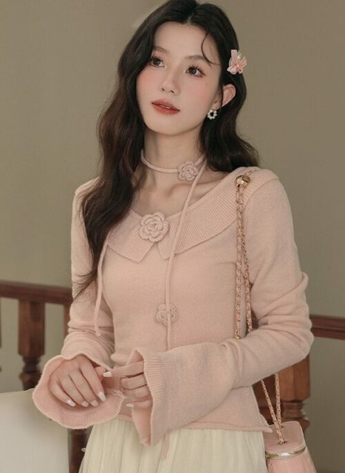Pink Long Sleeve Collared Top With 3D Floral