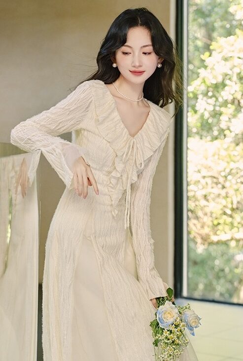 Apricot Doll Collar Long Sleeve Dress