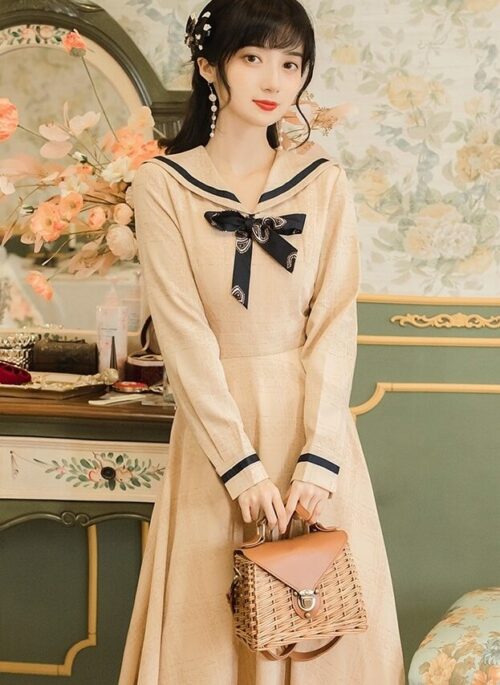 Apricot Navy Collar Long Sleeve Dress
