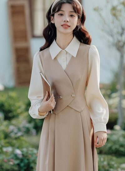 Beige Fake Two-Piece Teacher Style Dress