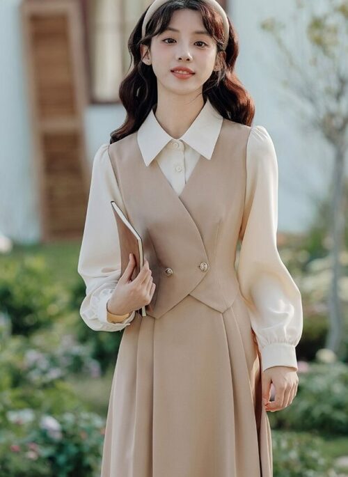 Beige Fake Two-Piece Teacher Style Dress