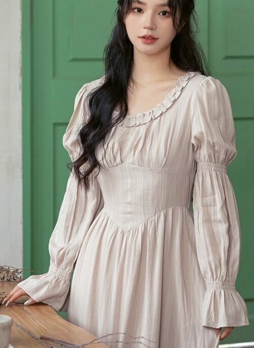 Beige French Style Apron Design Dress