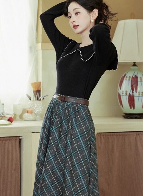 Black Collared Top and Plaid Skirt With Belt