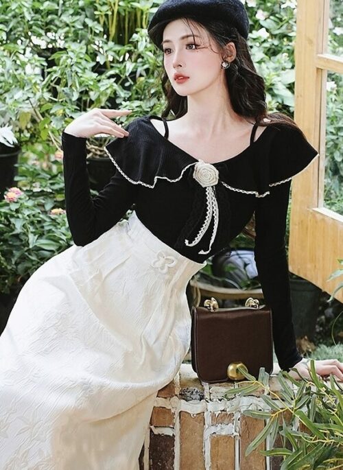 Black Sweater Top With 3D Floral And White High Waisted Skirt