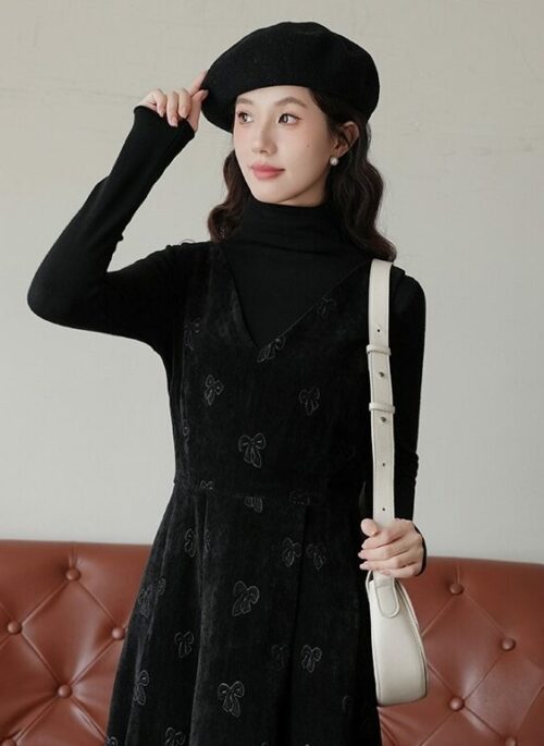 Black Velvet Overall Dress With Bow Prints