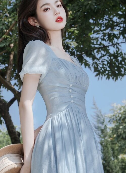 Blue Dress With Fitted Waist And Semi See Through Short Sleeves
