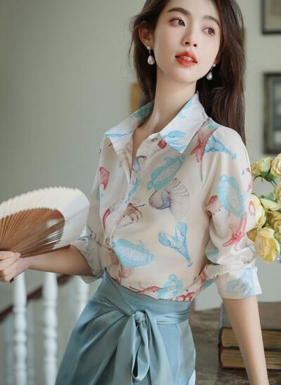 Blue Floral Collared Shirt And Skirt Set