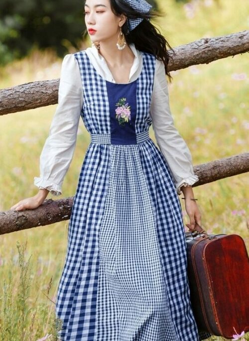 Blue Plaid Pastoral Style Fake Two-Piece Dress With Head Scarf