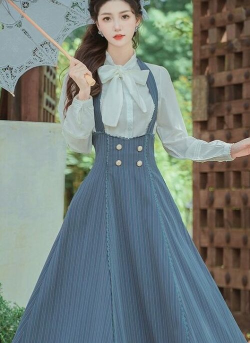 Blue Stripe Halter Neck Suspender Dress