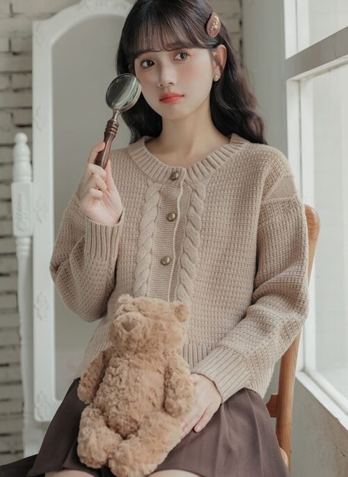 Brown Braided Knitted Cardigan