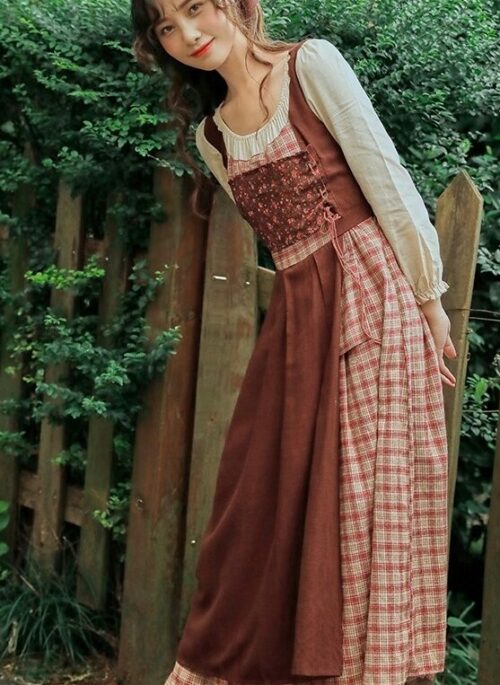 Brown Fake Two-Piece Plaid Dress With Head Scarf